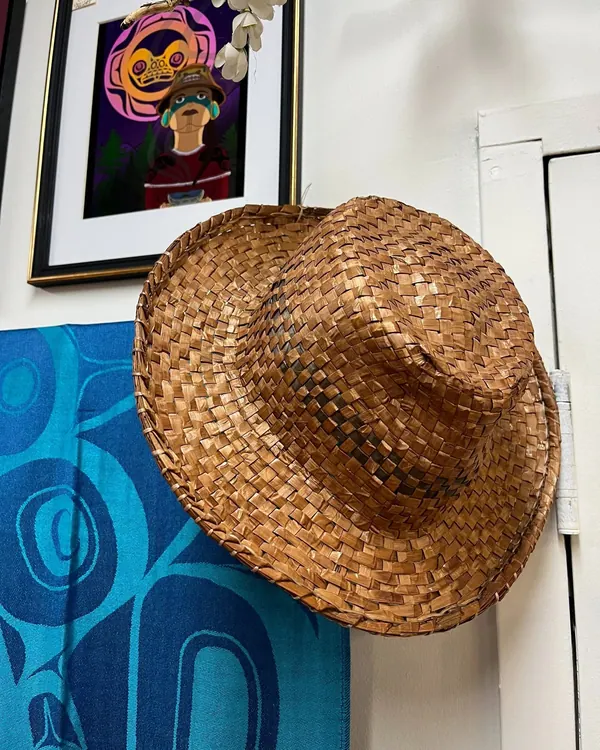 Woven straw sun hat on the wall