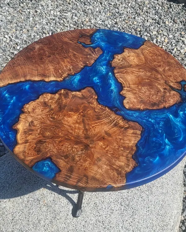 Burl wood and blue resin table