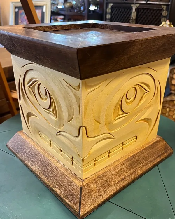Carved cedar box with formline design