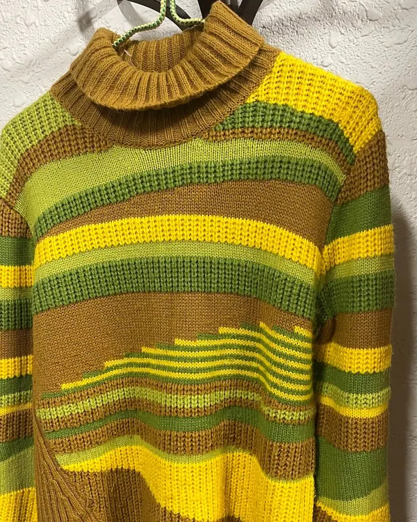 Striped seventies turtleneck in mustard and green