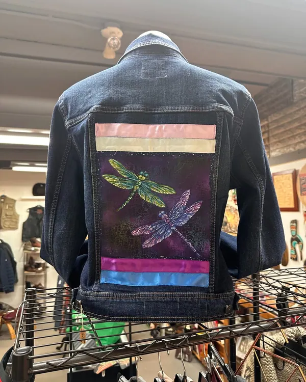 Hand-painted denim jacket with a dragonfly panel